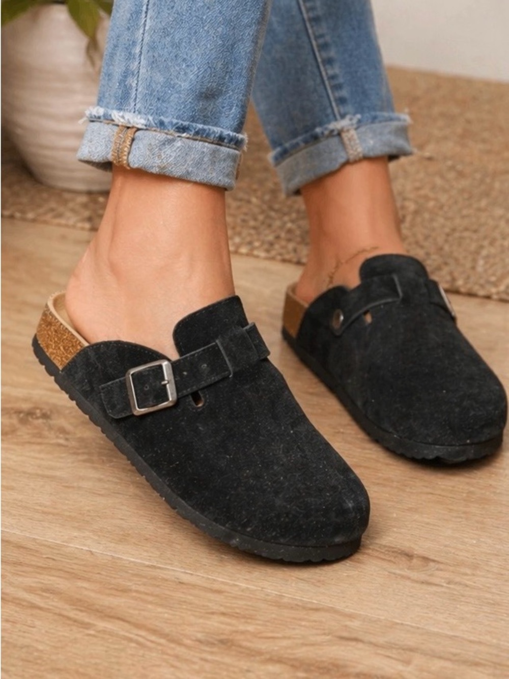 Meixiemelle Cork Footbed Clogs Black Buckle Mule Slides Womens 8 EUC